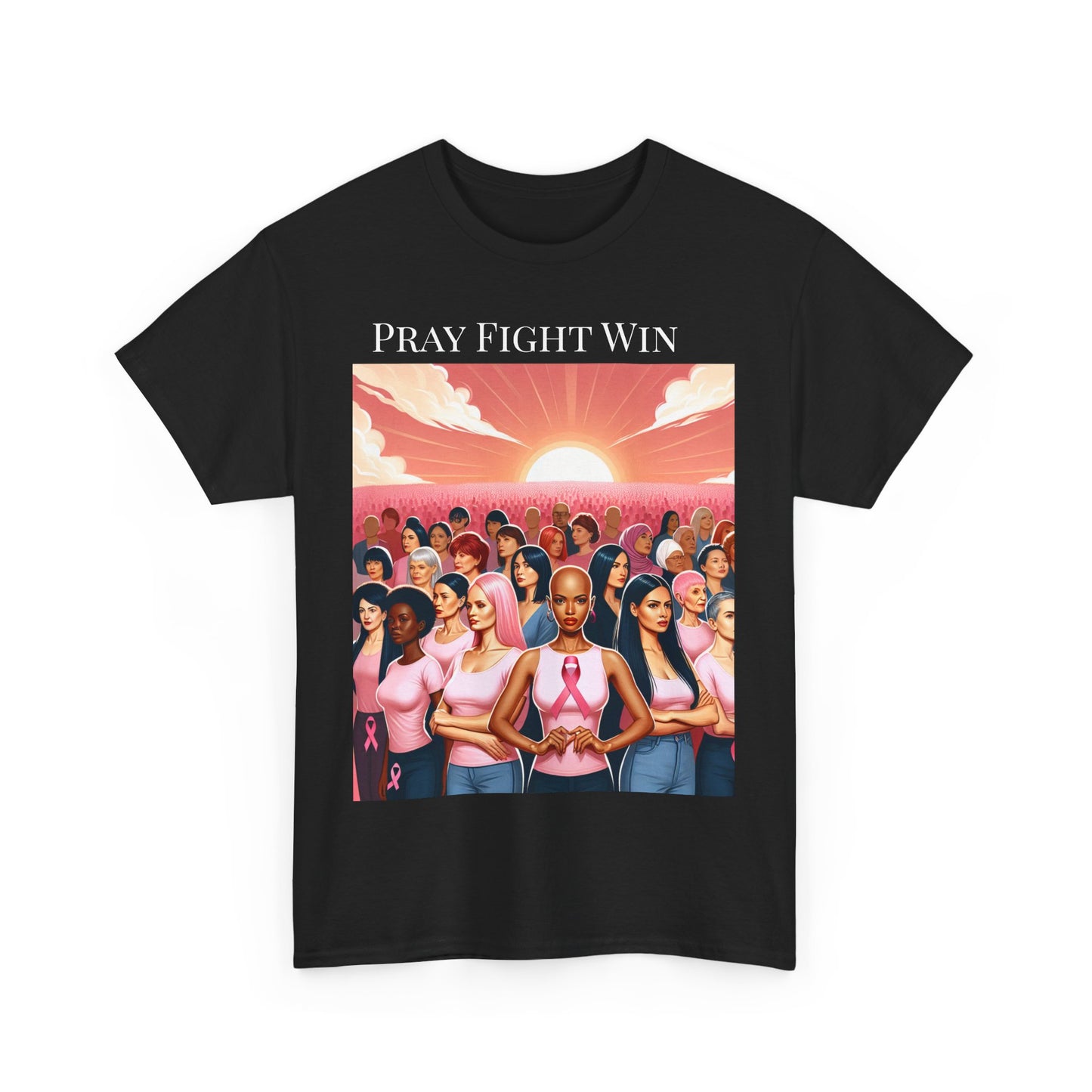 Pray Fight Win Unisex Heavy Cotton Tee - Support Breast Cancer Awareness