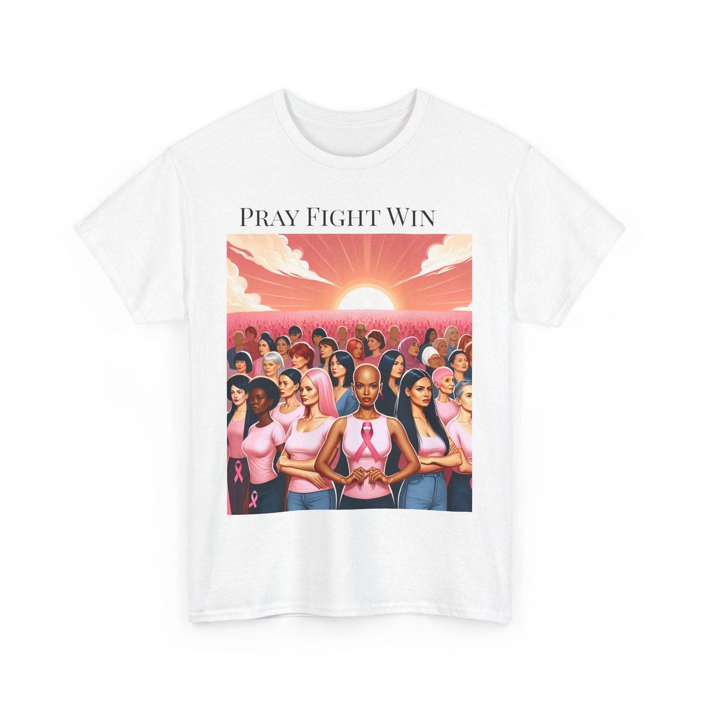 Pray Fight Win Unisex Heavy Cotton Tee - Support Breast Cancer Awareness