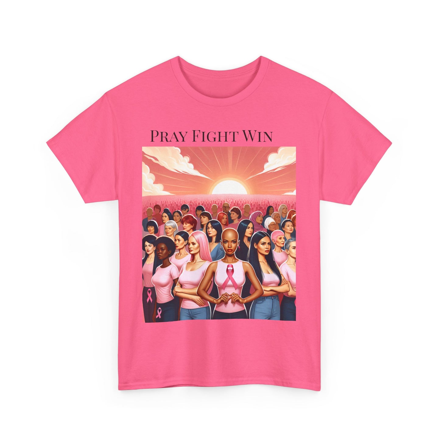 Pray Fight Win Unisex Heavy Cotton Tee - Support Breast Cancer Awareness